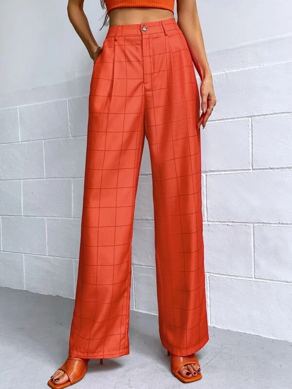 CM-BS563625 Women Casual Seoul Style High Waist Plaid Wide Leg Pants - Burnt Orange