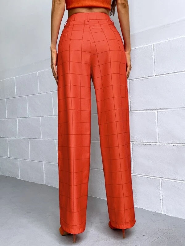 CM-BS563625 Women Casual Seoul Style High Waist Plaid Wide Leg Pants - Burnt Orange