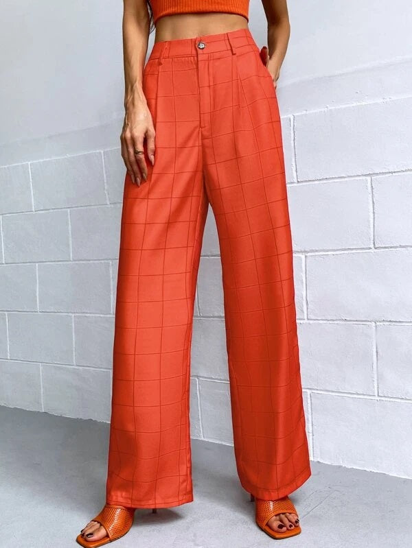 CM-BS563625 Women Casual Seoul Style High Waist Plaid Wide Leg Pants - Burnt Orange