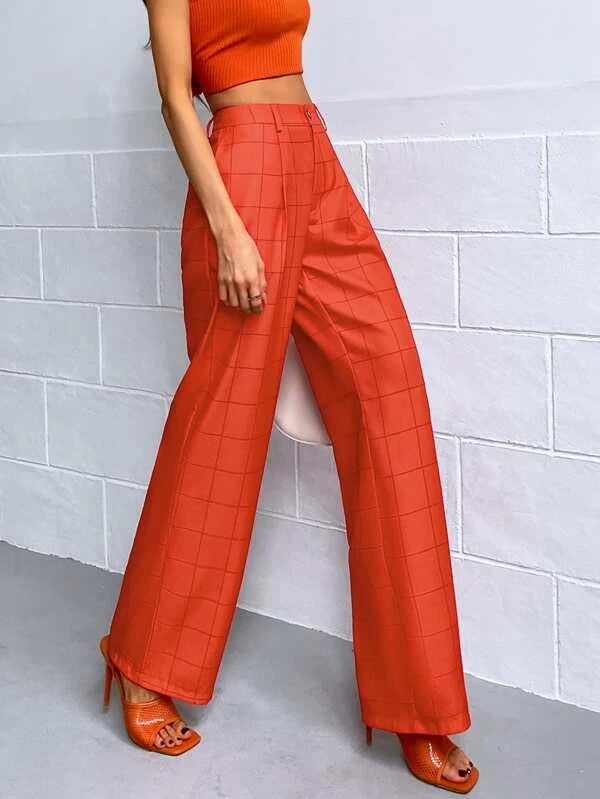 CM-BS563625 Women Casual Seoul Style High Waist Plaid Wide Leg Pants - Burnt Orange