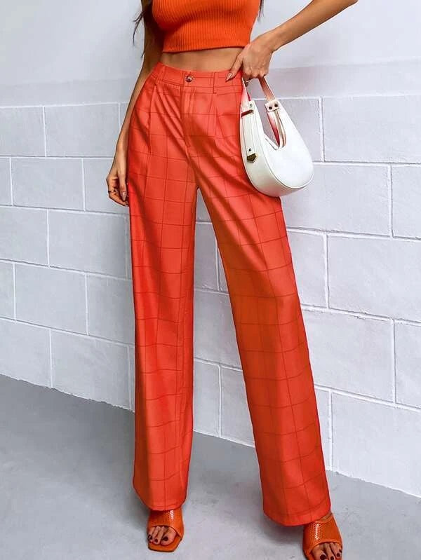 CM-BS563625 Women Casual Seoul Style High Waist Plaid Wide Leg Pants - Burnt Orange