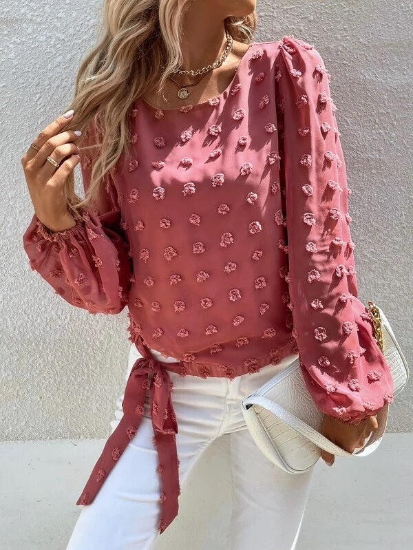 CM-TS843744 Women Casual Seoul Style Swiss Dot Knot Side Bishop Sleeve Blouse