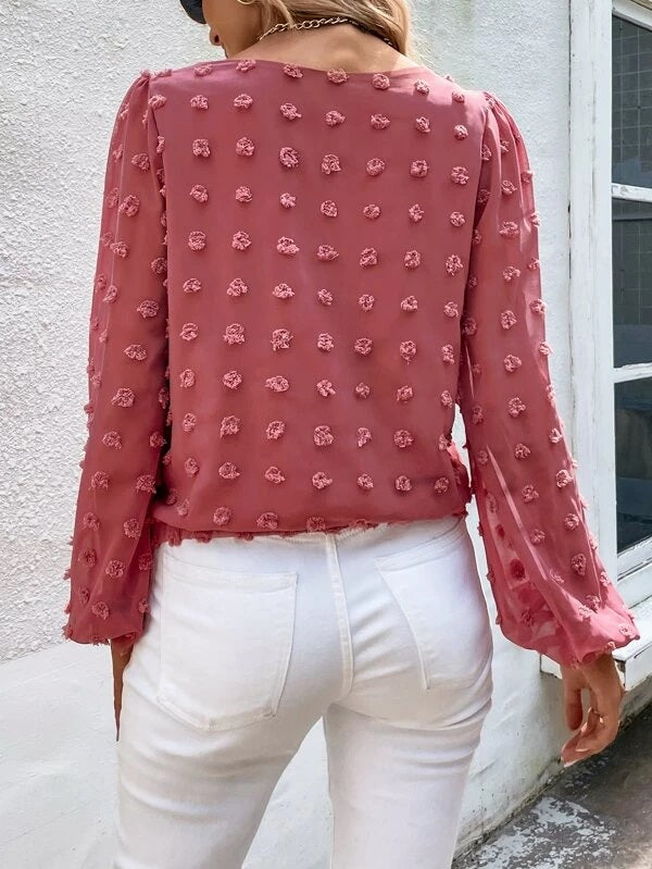 CM-TS843744 Women Casual Seoul Style Swiss Dot Knot Side Bishop Sleeve Blouse