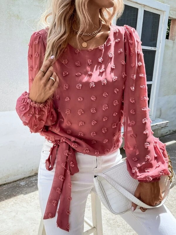 CM-TS843744 Women Casual Seoul Style Swiss Dot Knot Side Bishop Sleeve Blouse