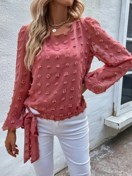 CM-TS843744 Women Casual Seoul Style Swiss Dot Knot Side Bishop Sleeve Blouse