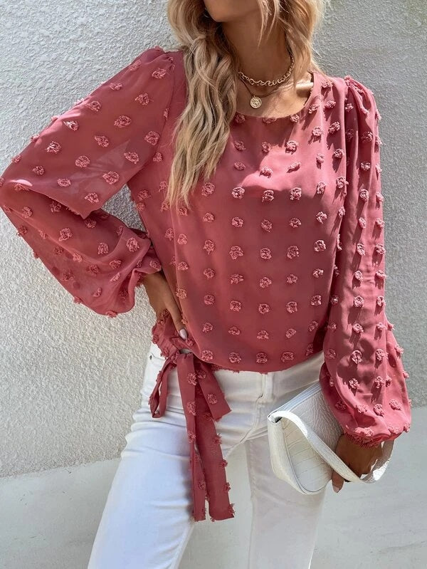 CM-TS843744 Women Casual Seoul Style Swiss Dot Knot Side Bishop Sleeve Blouse