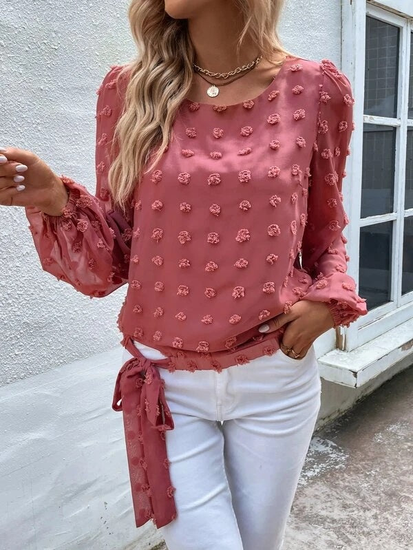 CM-TS843744 Women Casual Seoul Style Swiss Dot Knot Side Bishop Sleeve Blouse