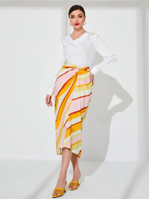 CM-BS026918 Women Elegant Seoul Style High Waist Striped Twist Front Skirt