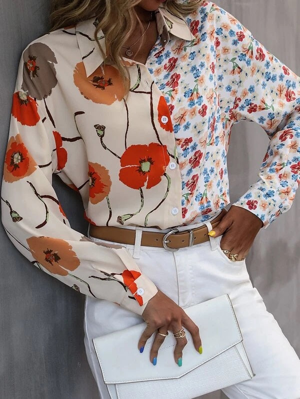 CM-TS491055 Women Casual Seoul Style Long Sleeve Floral Print Button Front Shirt