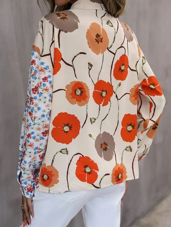 CM-TS491055 Women Casual Seoul Style Long Sleeve Floral Print Button Front Shirt