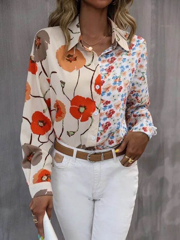 CM-TS491055 Women Casual Seoul Style Long Sleeve Floral Print Button Front Shirt