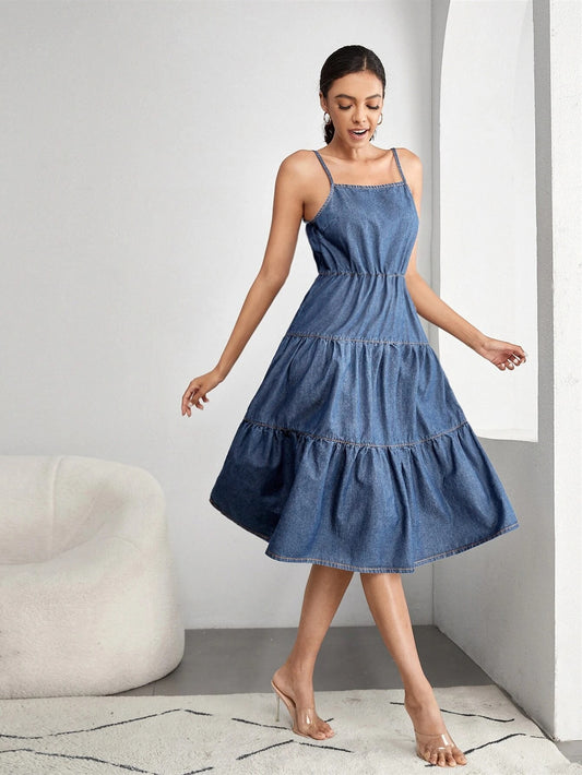 CM-DS738000 Women Preppy Seoul Style Medium Wash Ruffle Hem Cami Denim Dress