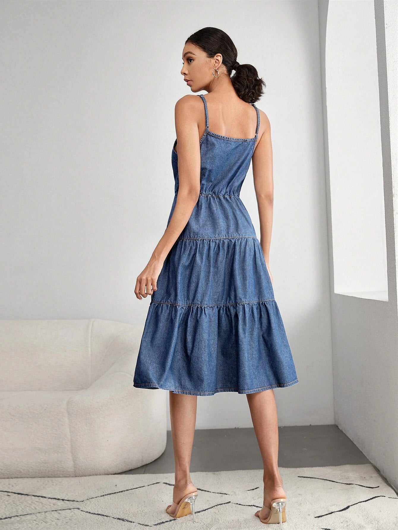 CM-DS738000 Women Preppy Seoul Style Medium Wash Ruffle Hem Cami Denim Dress