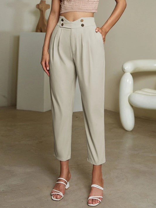 CM-BS716346 Women Casual Seoul Style Fold Pleated Button Detail Pants - Beige