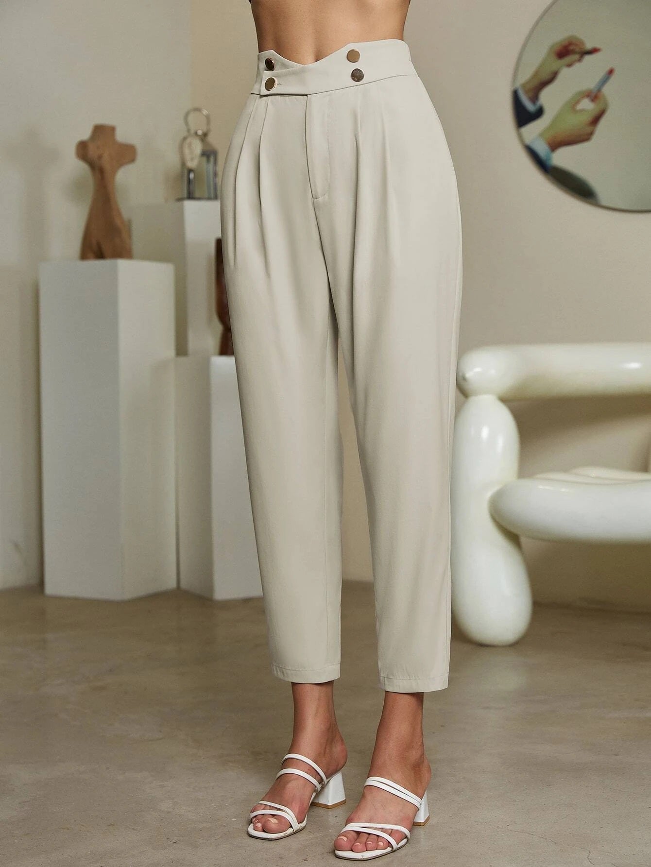 CM-BS716346 Women Casual Seoul Style Fold Pleated Button Detail Pants - Beige