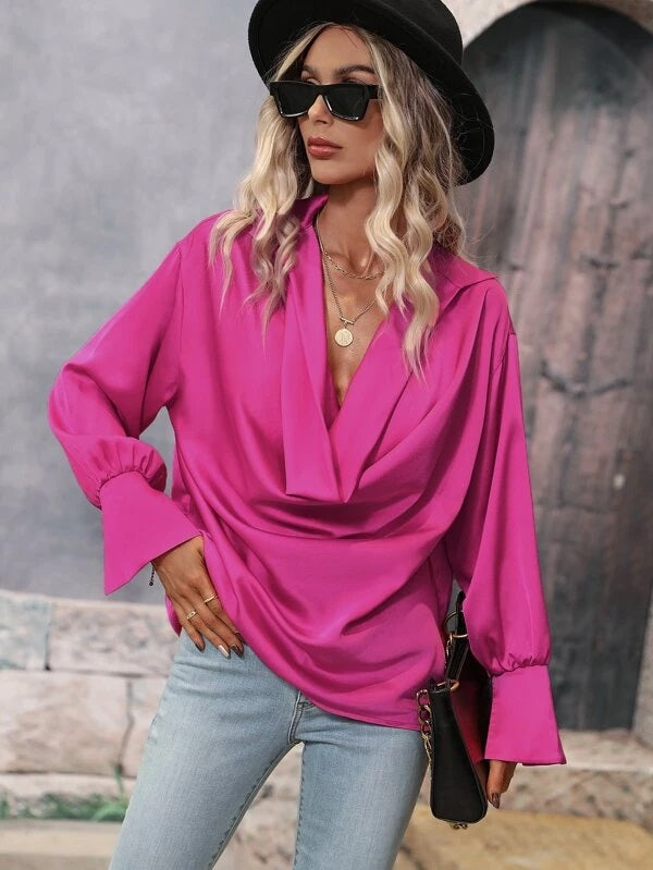 CM-TS645492 Women Casual Seoul Style Draped Collar Split Cuff Satin Blouse - Hot Pink