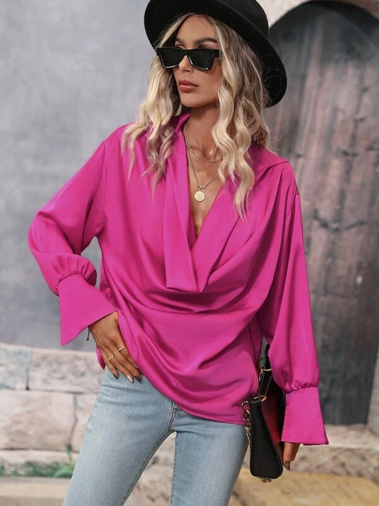CM-TS645492 Women Casual Seoul Style Draped Collar Split Cuff Satin Blouse - Hot Pink