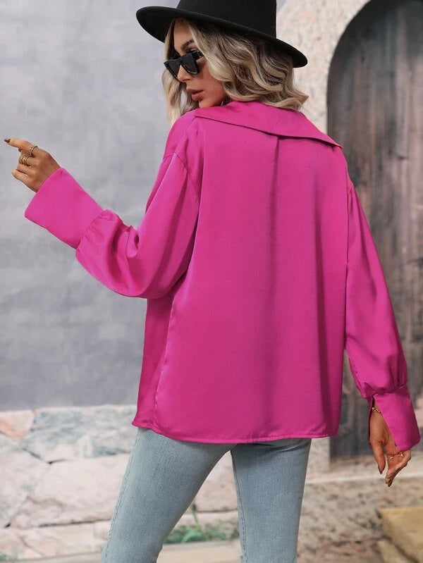 CM-TS645492 Women Casual Seoul Style Draped Collar Split Cuff Satin Blouse - Hot Pink