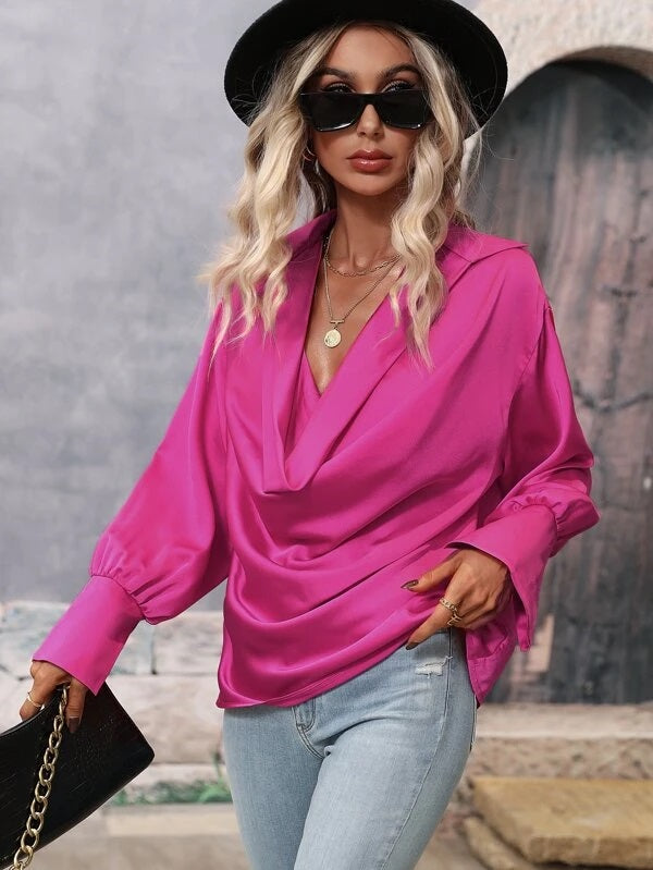 CM-TS645492 Women Casual Seoul Style Draped Collar Split Cuff Satin Blouse - Hot Pink