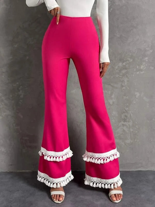 CM-BS376232 Women Elegant Seoul Style Fringe Trim Flare Leg Pants - Hot Pink