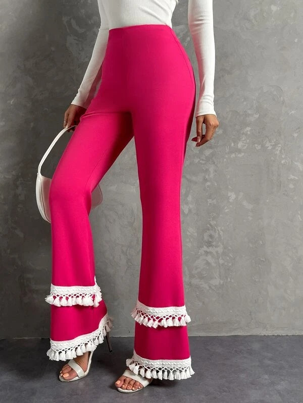 CM-BS376232 Women Elegant Seoul Style Fringe Trim Flare Leg Pants - Hot Pink