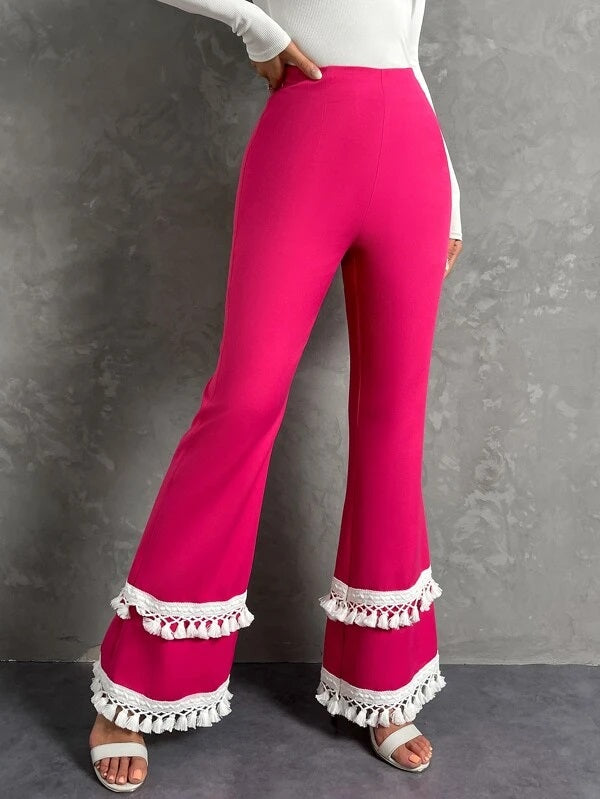 CM-BS376232 Women Elegant Seoul Style Fringe Trim Flare Leg Pants - Hot Pink