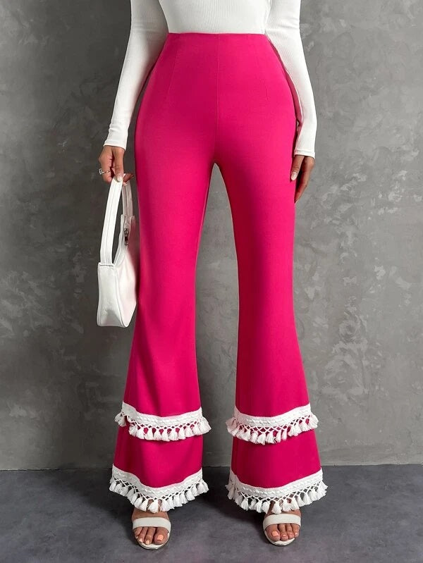 CM-BS376232 Women Elegant Seoul Style Fringe Trim Flare Leg Pants - Hot Pink