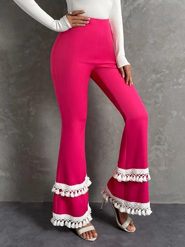 CM-BS376232 Women Elegant Seoul Style Fringe Trim Flare Leg Pants - Hot Pink