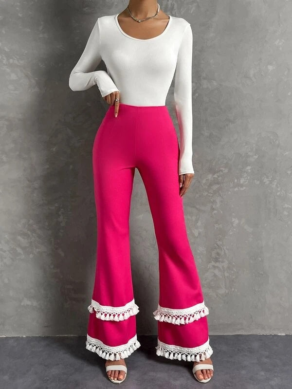 CM-BS376232 Women Elegant Seoul Style Fringe Trim Flare Leg Pants - Hot Pink