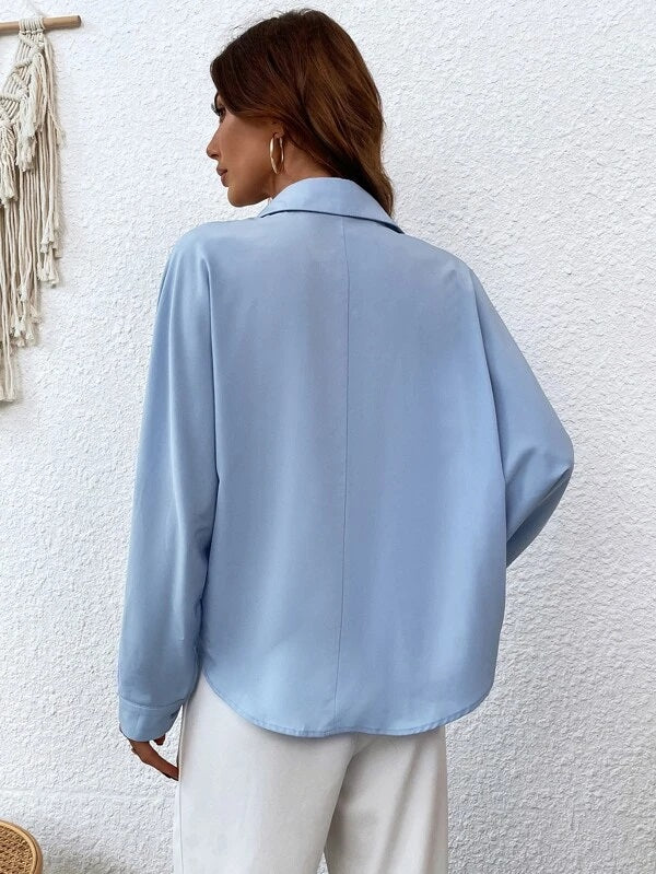 CM-TS063473 Women Casual Seoul Style Batwing Sleeve Ruched Asymmetrical Shirt - Baby Blue