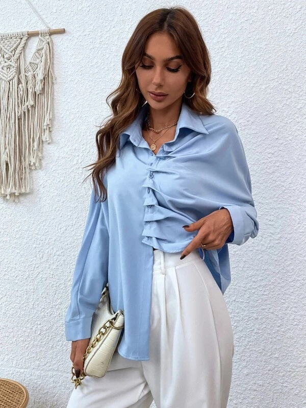 CM-TS063473 Women Casual Seoul Style Batwing Sleeve Ruched Asymmetrical Shirt - Baby Blue
