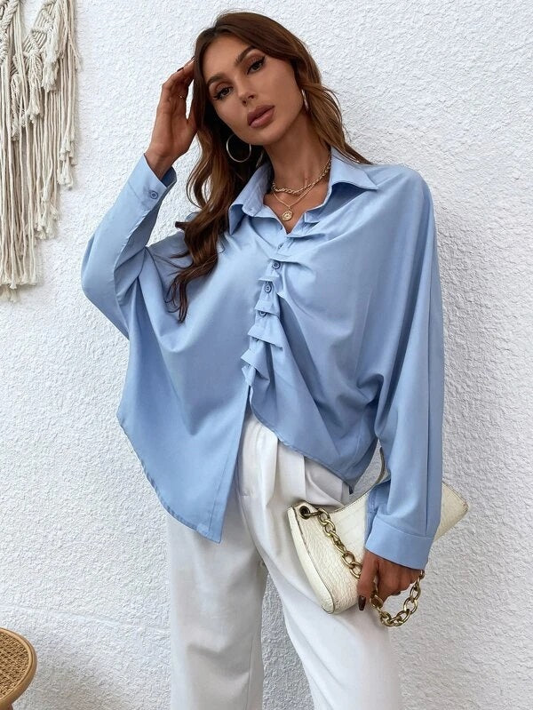 CM-TS063473 Women Casual Seoul Style Batwing Sleeve Ruched Asymmetrical Shirt - Baby Blue