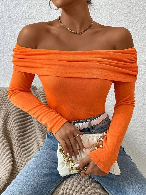 CM-TS831785 Women Casual Seoul Style Off Shoulder Fold Pleated Tee - Orange