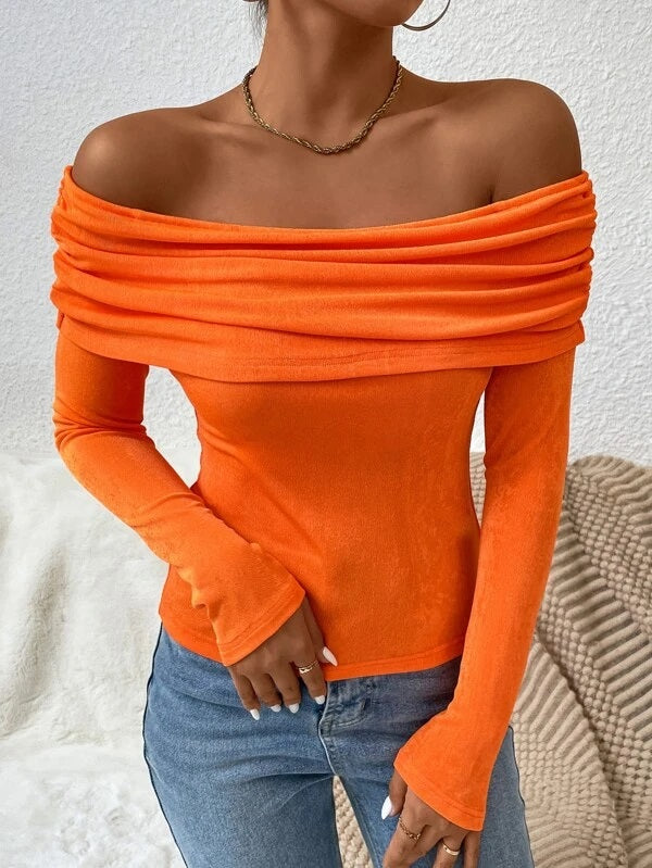 CM-TS831785 Women Casual Seoul Style Off Shoulder Fold Pleated Tee - Orange
