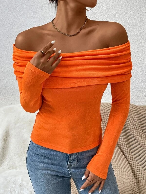 CM-TS831785 Women Casual Seoul Style Off Shoulder Fold Pleated Tee - Orange