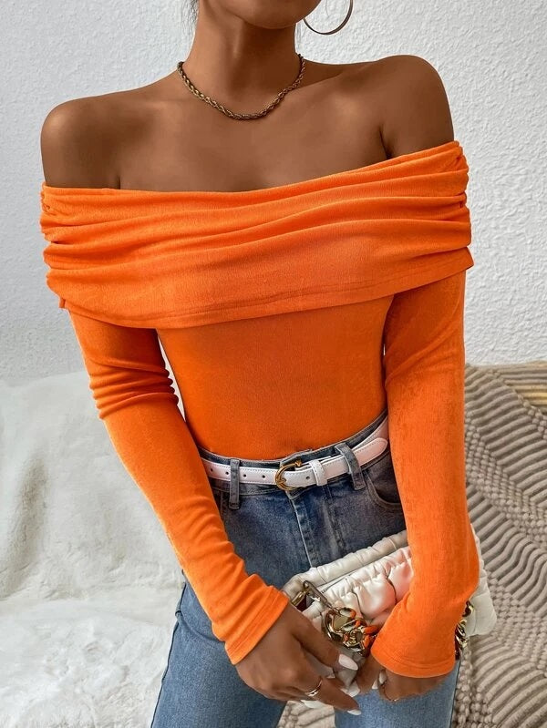 CM-TS831785 Women Casual Seoul Style Off Shoulder Fold Pleated Tee - Orange