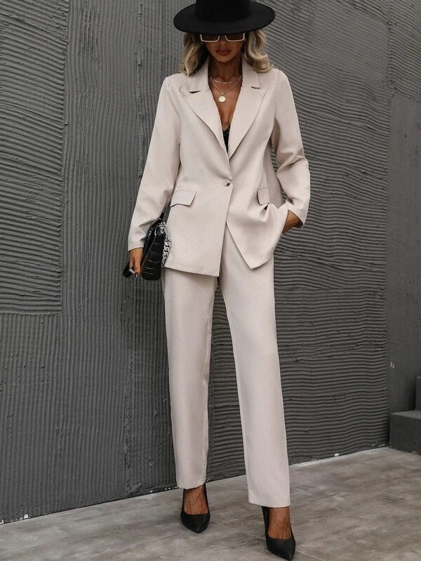 CM-SS612762 Women Elegant Seoul Style Single Button Lapel Collar Blazer With Tailored Pants - Set