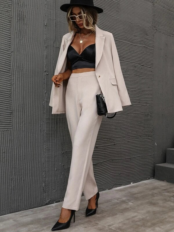 CM-SS612762 Women Elegant Seoul Style Single Button Lapel Collar Blazer With Tailored Pants - Set