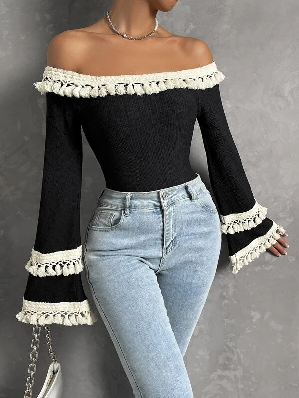 CM-TS157354 Women Trendy Bohemian Style Off Shoulder Fringe Trim Flounce Sleeve Top