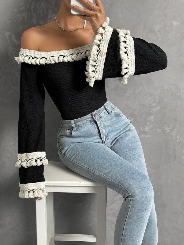 CM-TS157354 Women Trendy Bohemian Style Off Shoulder Fringe Trim Flounce Sleeve Top