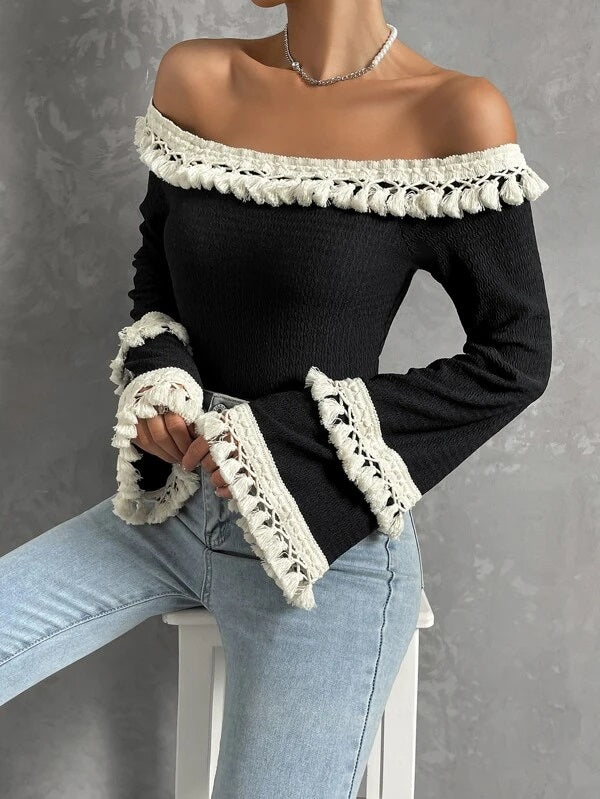 CM-TS157354 Women Trendy Bohemian Style Off Shoulder Fringe Trim Flounce Sleeve Top