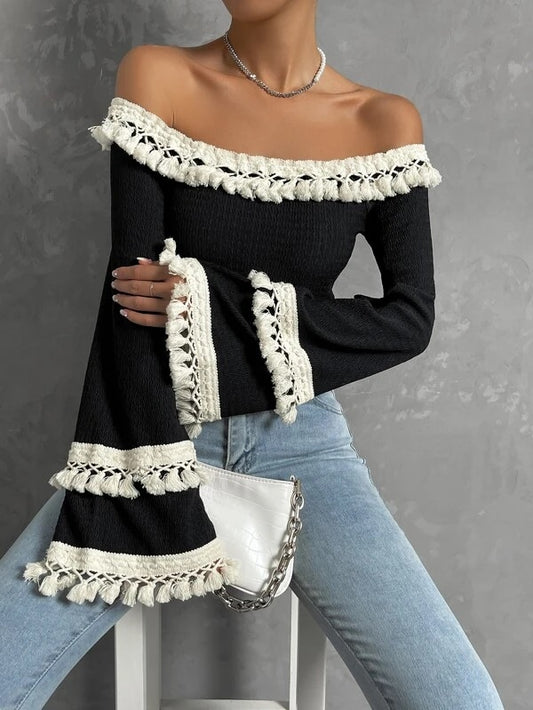 CM-TS157354 Women Trendy Bohemian Style Off Shoulder Fringe Trim Flounce Sleeve Top