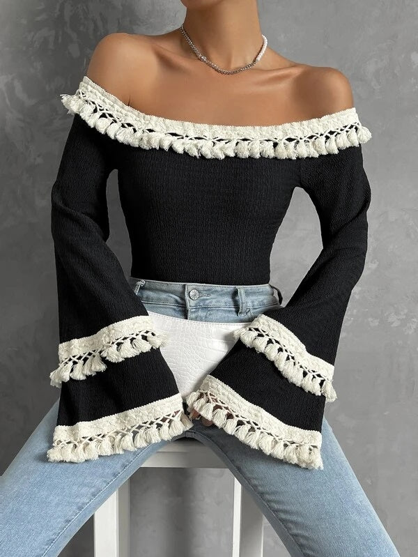 CM-TS157354 Women Trendy Bohemian Style Off Shoulder Fringe Trim Flounce Sleeve Top