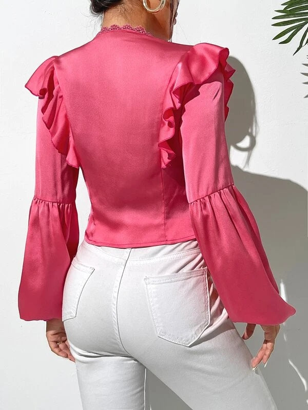 CM-TS613615 Women Casual Seoul Style Ruffle Trim Lantern Sleeve Satin Blouse - Hot Pink