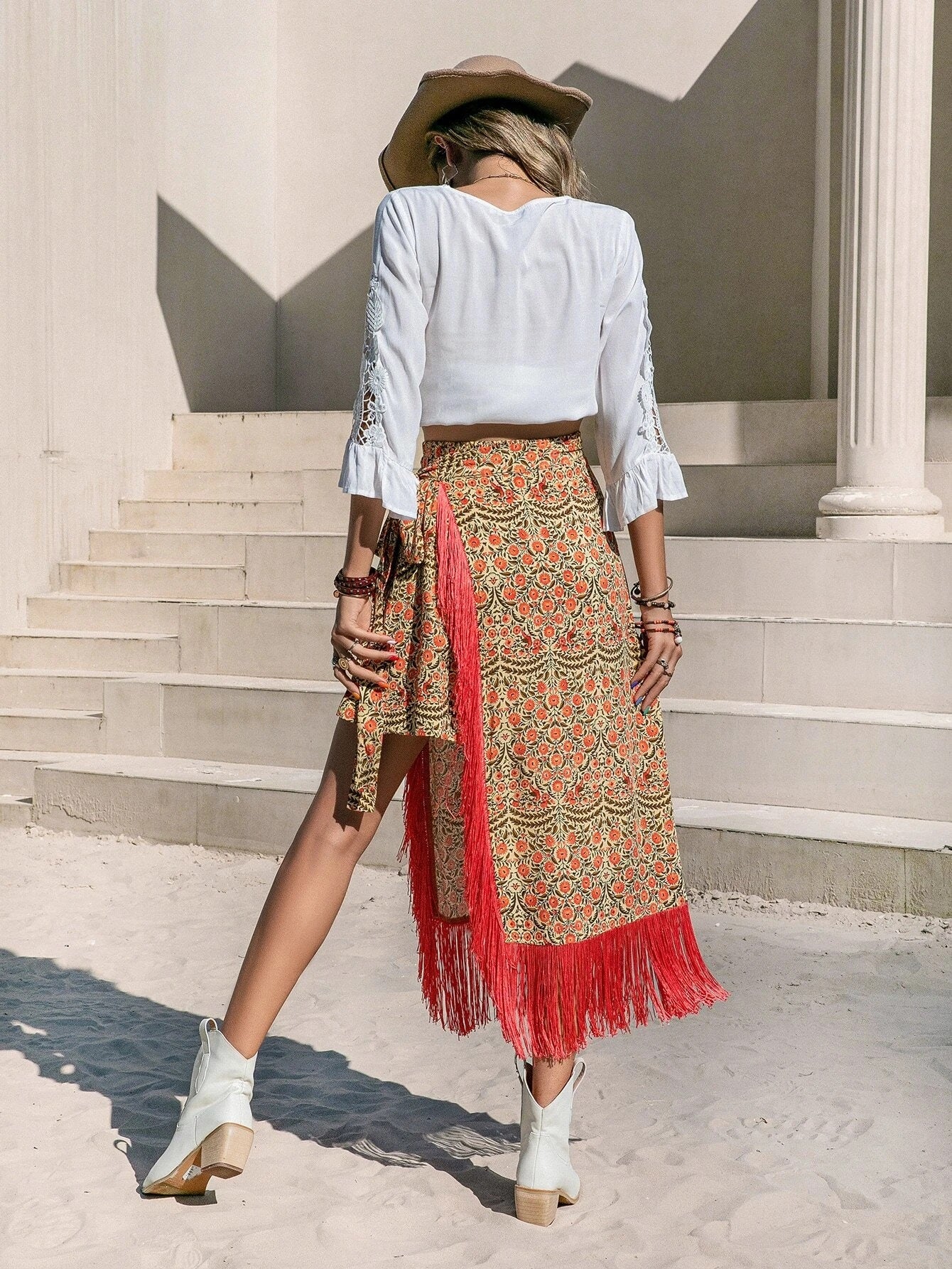 CM-BS420816 Women Trendy Bohemian Style Floral Print Asymmetrical Fringe Trim Skirt