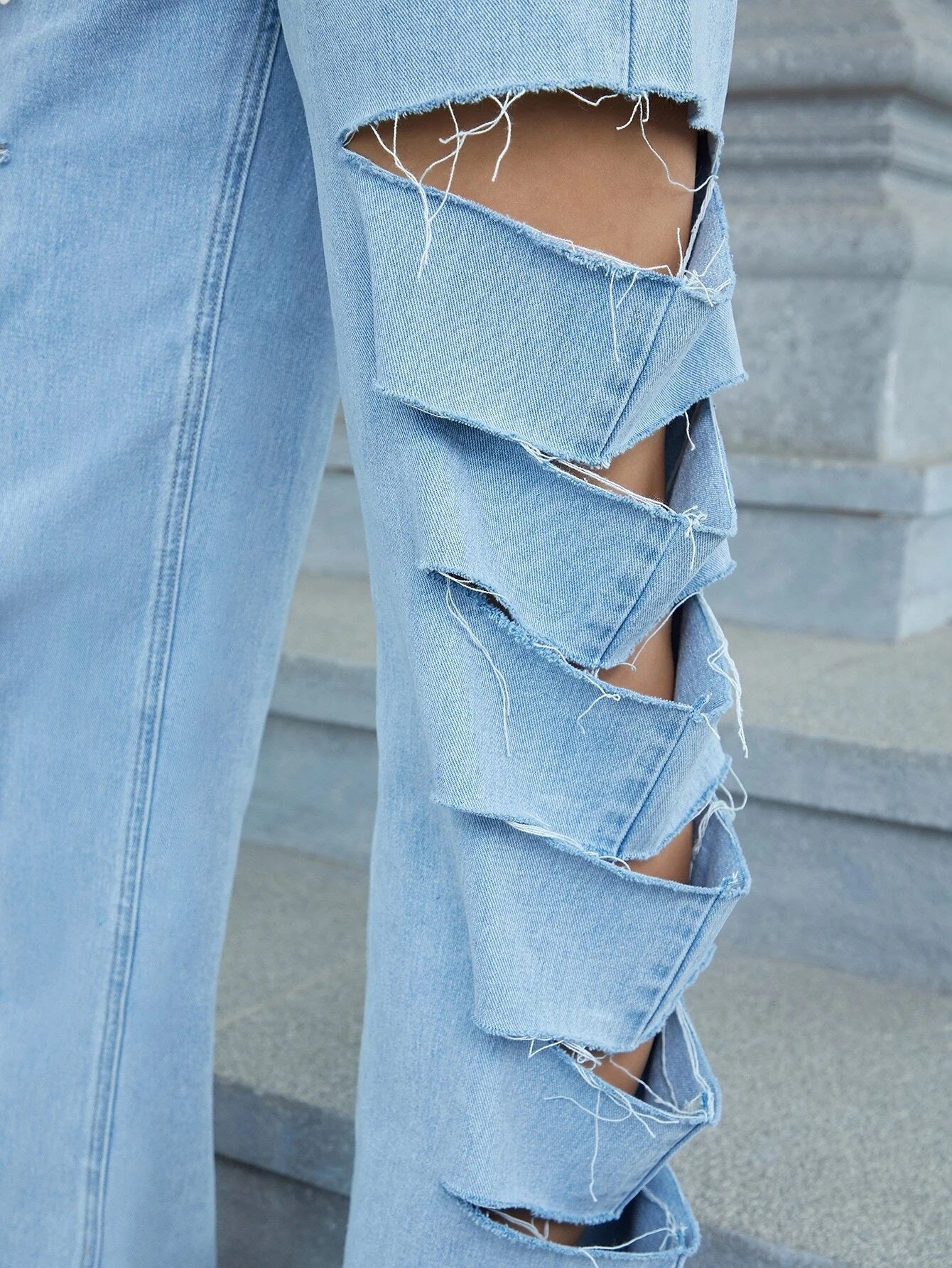 CM-BS191492 Women Preppy Seoul Style High Waist Ladder Ripped Straight Leg Jeans