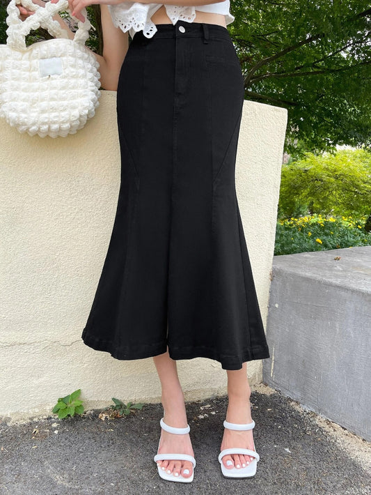 CM-BS978299 Women Casual Seoul Style Solid Mermaid Hem Denim Skirt - Black