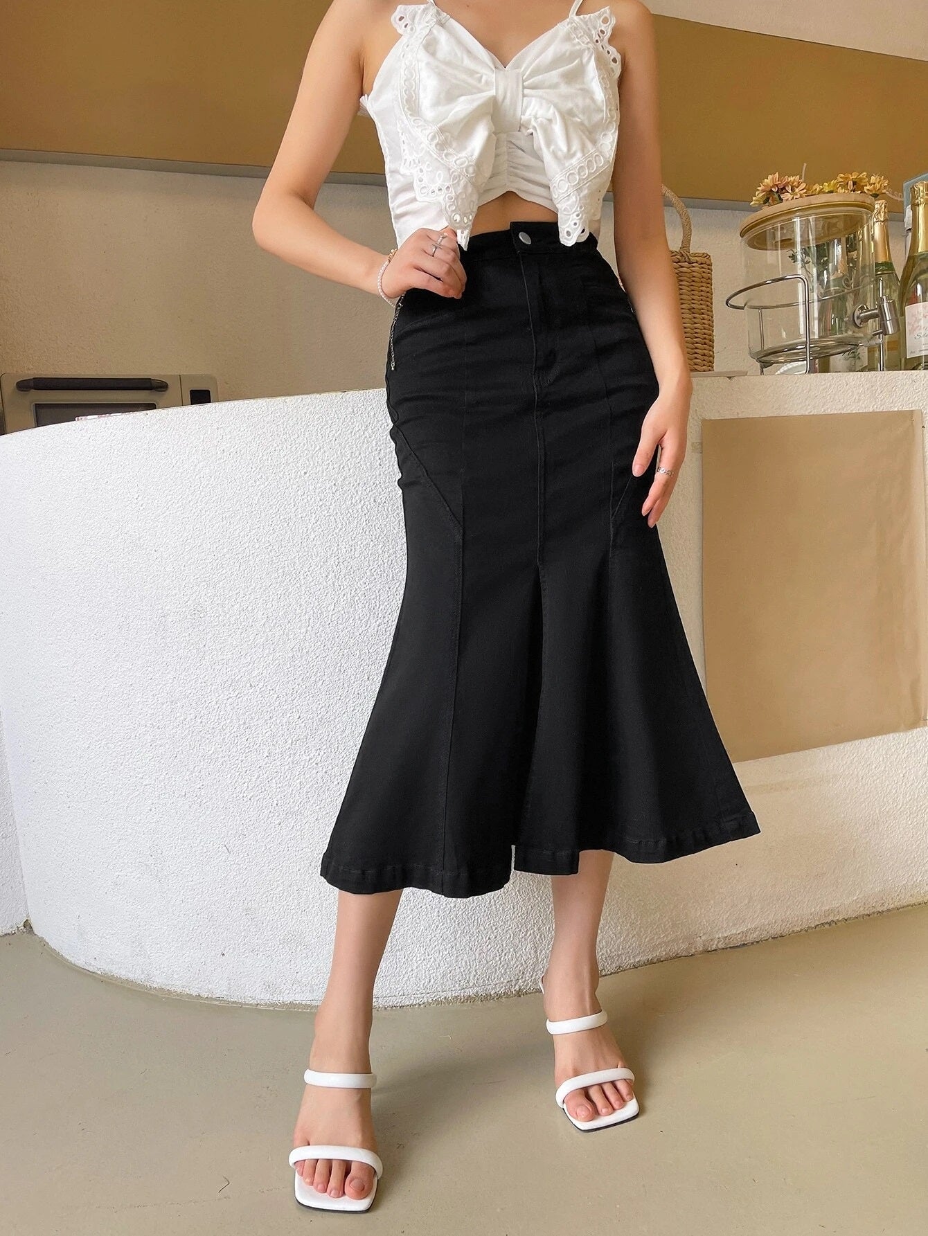 CM-BS978299 Women Casual Seoul Style Solid Mermaid Hem Denim Skirt - Black