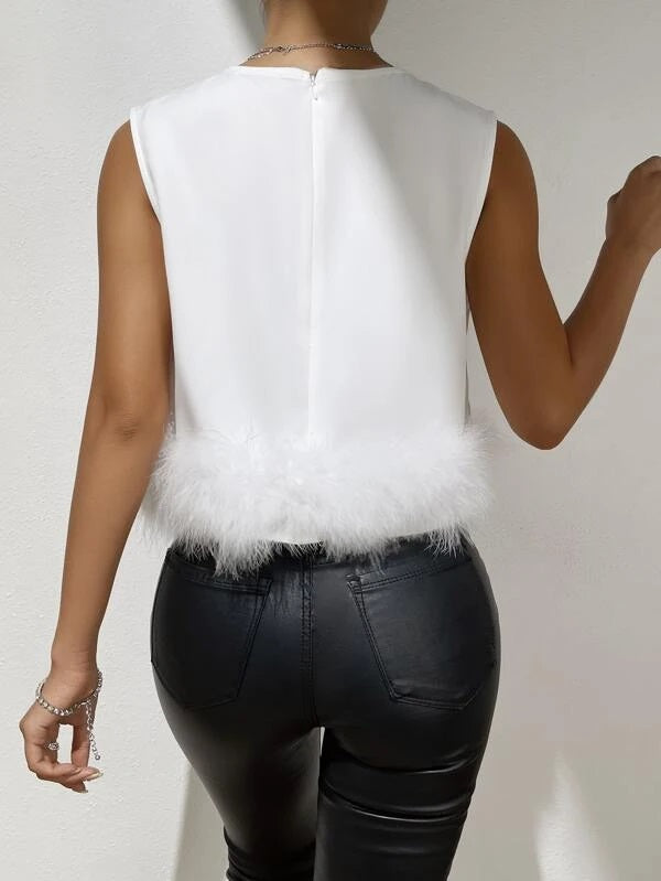 CM-TS386376 Women Elegant Seoul Style Sleeveless Fuzzy Trim Tank Top - White