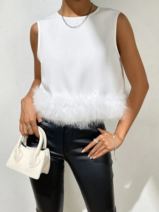 CM-TS386376 Women Elegant Seoul Style Sleeveless Fuzzy Trim Tank Top - White